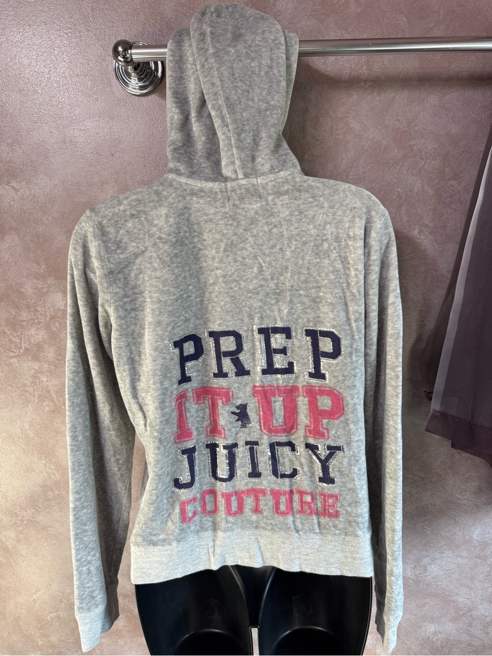 Vintage Juicy Couture Grey Velour Hooded Sweatshirt with Logo